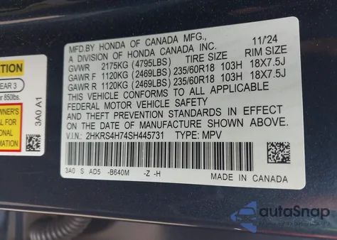 2025 Honda Cr-V Ex-L Awd from USA, damaged, VIN 2HKRS4H74SH445731